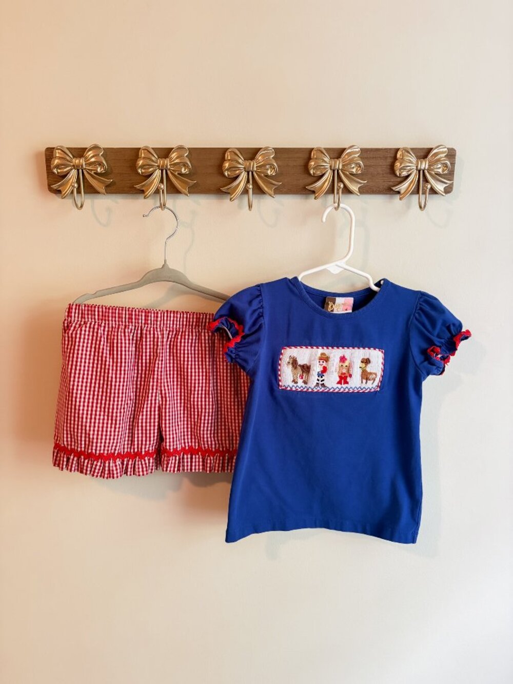 Banana Split size 3T Toddler Outfit Two-Piece Blue Top Red Gingham Shorts